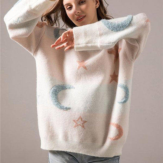Women's Sweet Star Month Age Print Pullover Sweater Loose Plus Size Knitted Sweater Top Bottoming/outwear