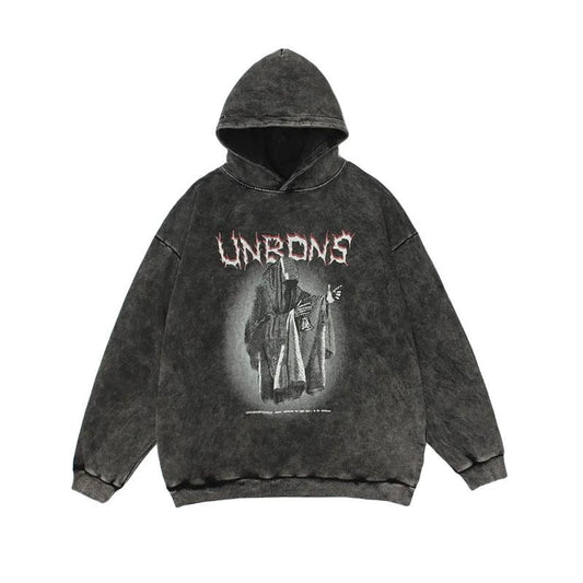 Women's Retro Dark Demon Print Hooded Sweater Student Personality High Street Washed Old Hiphop Loose Top Ladies Long-sleeved Pullover Sweater