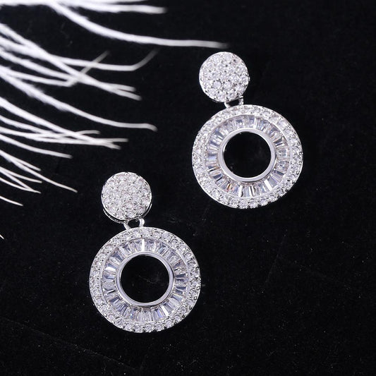 Elegant Round Silver Stud Earrings Circle Zircon Dangle Earrings for Women Gift Jewelry