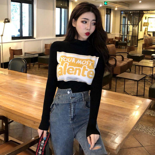 Individual Letters Print Bottoming Shirt Women's Tight Pullover Long-sleeved Wild Sweater