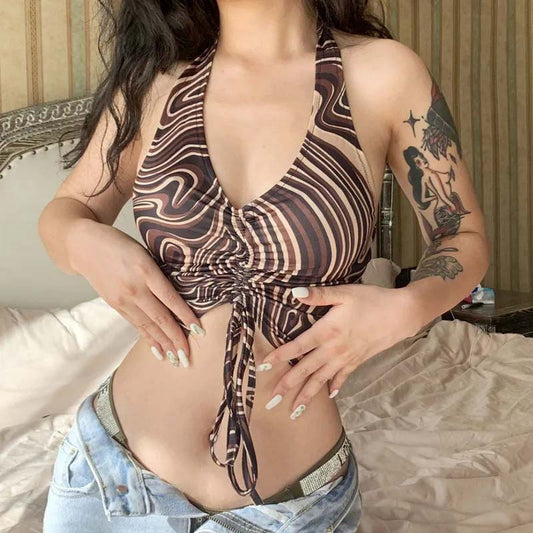 Printed Pleated Lace-up Halter Neck Vest Women's Summer Sexy Beauty Back Crop Top Beaded Strap Camisole Sleeveless Beach Wear Cool Steetwear Top