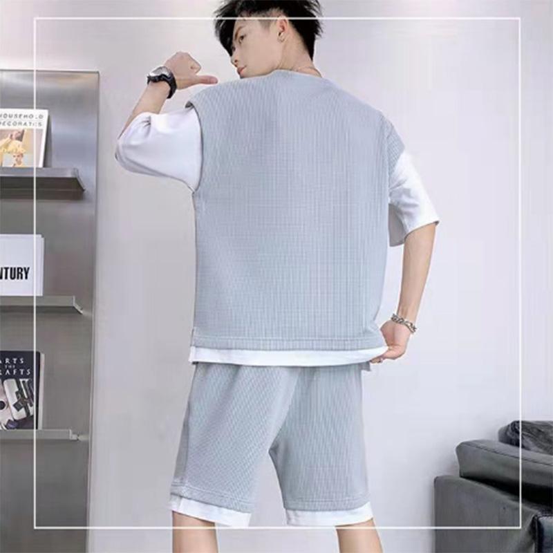 Summer Youth Large Size Leisure Sports Loose Five-point Shorts Suit Male Fake Two-piece Student Short-sleeved Two-piece Suit