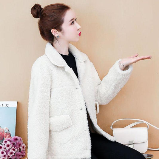 Fashion Ladies Lapel Lamb Velvet Jacket Korean Winter Short Warm Jacket Thickened Long-sleeved Cardigan Jacket