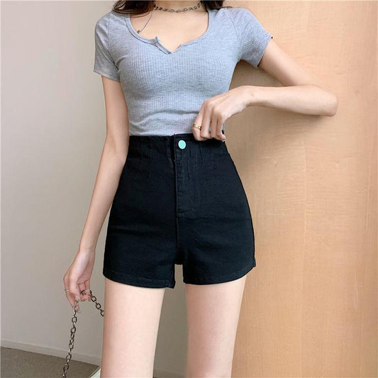Black High Waist Denim Shorts Women's Summer Bag Hip Tight High Waist Straight Shorts