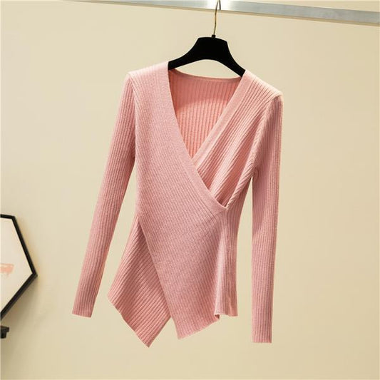 2021 Long-sleeved Cross V-neck Bottoming Shirt Women Autumn and Winter Knit Sweater