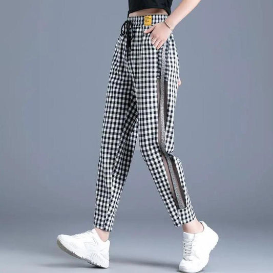 Plaid Pants Girls Mesh Casual Pants Ice Silk Pants Women Summer Thin Section Nine-point Harem Pants