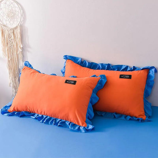 Korean Version of Solid Color Washed Cotton Pillowcase Stitching Lotus Leaf Lace Pillowcase 48*74cm A Pair of Large Pillowcases