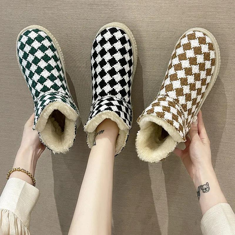 Snow Boots Women Winter Plaid Plus Velvet Warmth Thick-soled All-match Non-slip Short-tube Cotton Boots Women