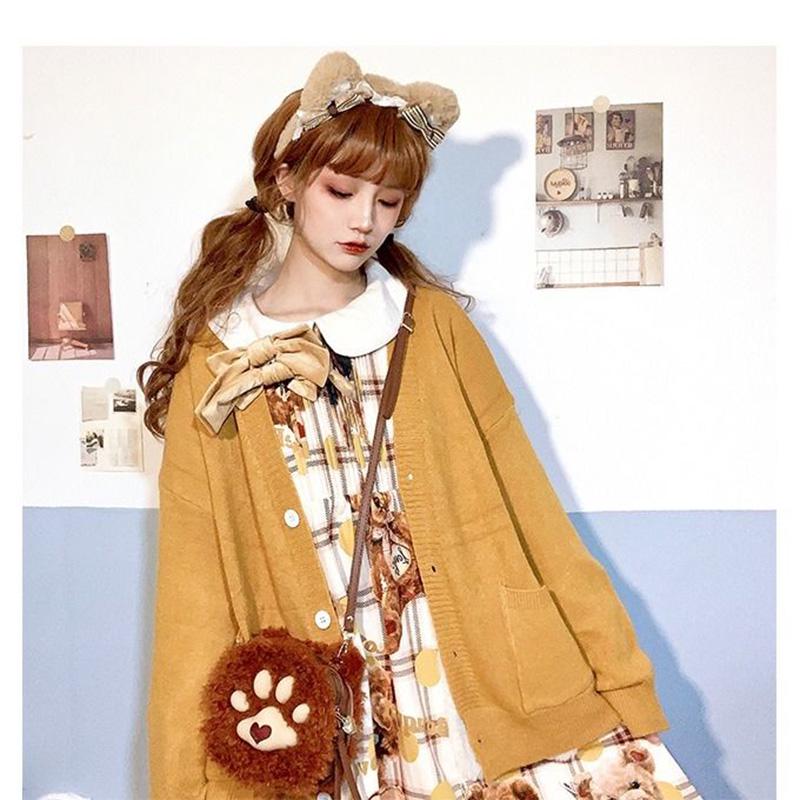 Core-spun Yarn V-neck Uniform with Sweater Coat Knitted Cardigan Loose Lantern Sleeve Women Autumn