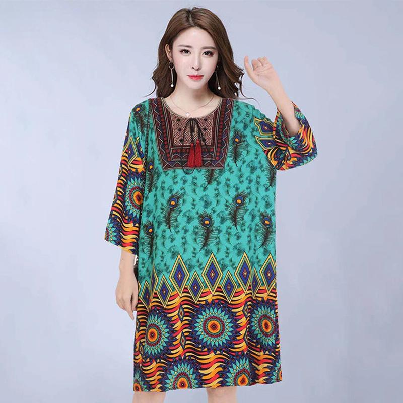 Retro Ethnic Women's Round Neck Floral Print Casual Loose Mid-length Dress Cotton Silk Dress Summer Round Neck Slim Beach Travel Dress