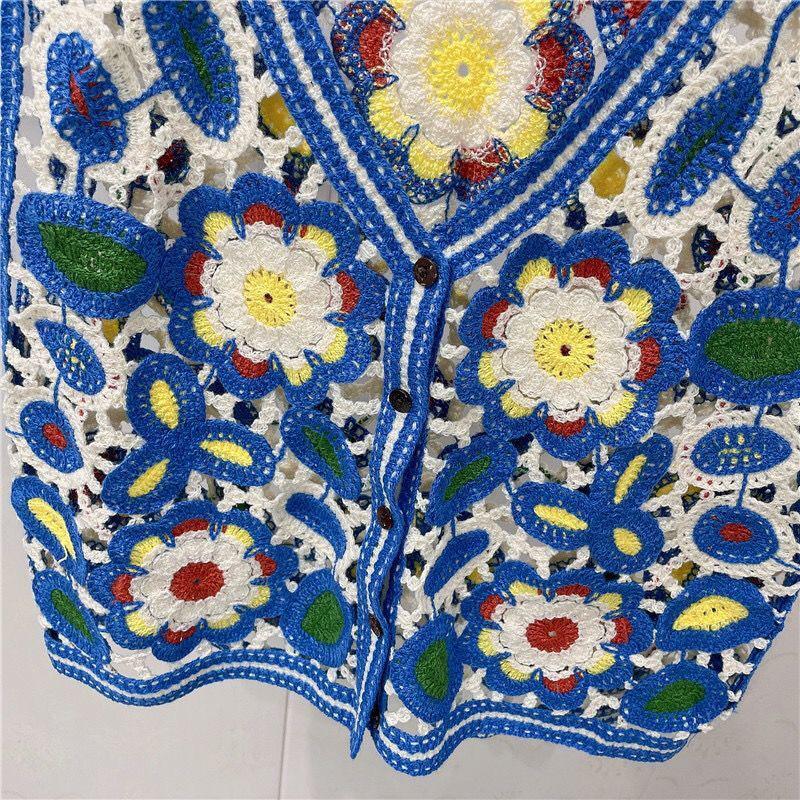 Flower Embroidery Hollow Design Retro Style V-neck Sleeveless Waistcoat Women's Spring and Summer