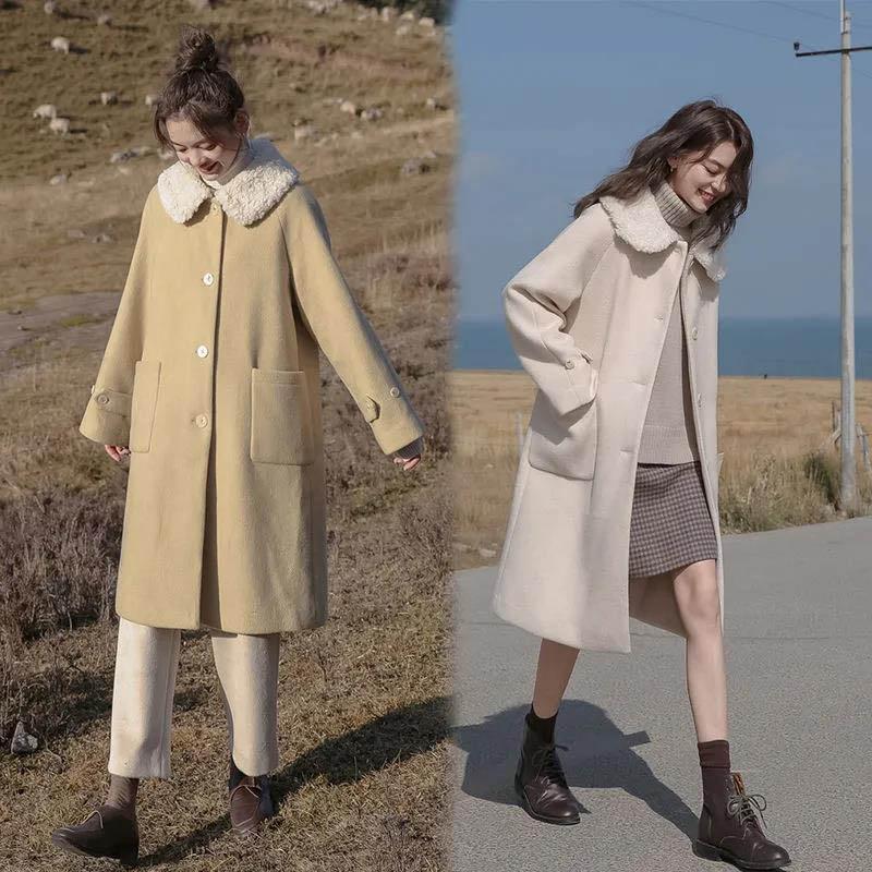 Add Cotton Thick Winter Mid-length Woolen Coat Female Lamb Hair Doll Collar Warm Woolen Coat