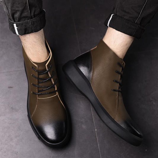 Autumn and Winter Men's Short Boots Cowhide Boots Retro Shoes All-match Leather Cotton Shoes Plus Velvet