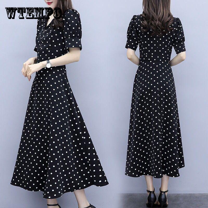 Ladies Polka dot Dresses V Neck Short Sleeve Solid Black Chiffon long Dress Women Fashion