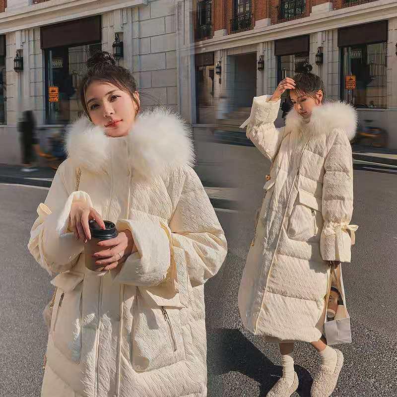 Winter New Style Loose Long Padded Jacket Padded Down Padded Jacket Coat Fluffy Big Fur Collar Over The Knee Long Down Jacket Elegant and Beautiful
