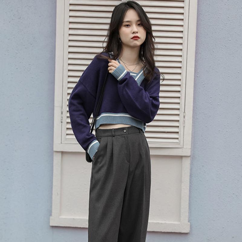 Sweater Jacket Women's Autumn Winter Color Matching Thin Knit Sweater Short V-neck Loose Pullover Jacket Outer Wear