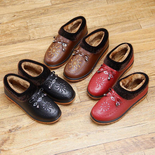Winter Plus Velvet Women's Waterproof and Warm Leather Cotton Boots Non-slip Flat-bottomed Soft-soled Cotton Shoes