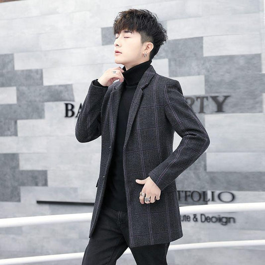 2021 Autumn and Winter Men's Windbreaker Mid-length Plaid Jacket Young and Middle-aged Men's Casual Jacket