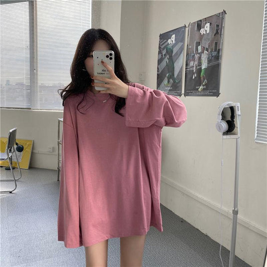 Summer Fall Women's T-Shirt Solid Color Basic Tee Round Neck Long Sleeve Tshirts Couple Women Man Casual Pullover