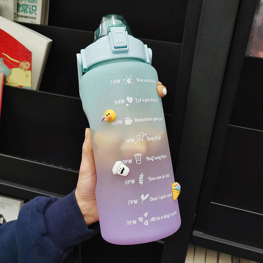 2L Large-capacity Water Bottle with Bounce Lid Timeline Reminder Leak-proof Frosted Cup for Outdoor Sports and Fitness