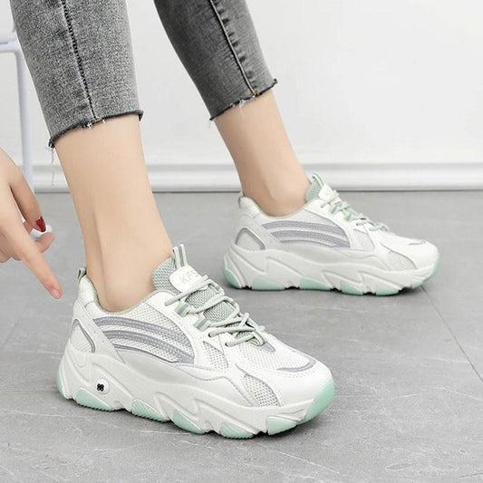 Women's Mesh Breathable Sneakers Leather Shoes Thick-soled White Shoes Casual Shoes Lightweight and Comfortable Student Shoes