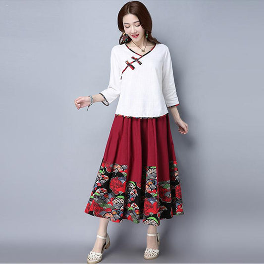 Four Seasons Skirt Stitching Ethnic Style Women's Skirts Cotton and Linen Large Swing Mid-length Skirt Retro Was Thin