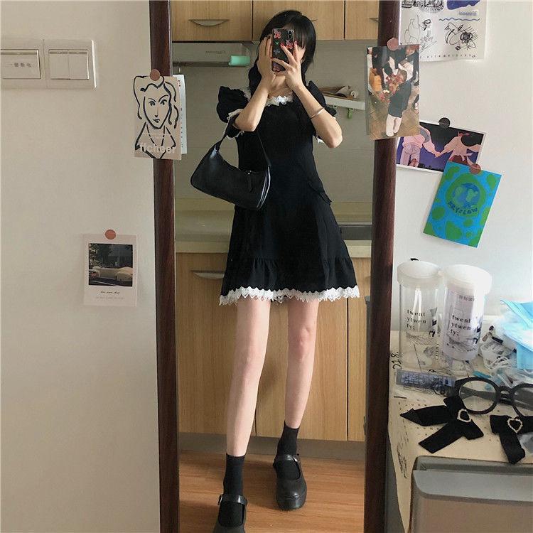 Women's Spring and Summer French Lace Square Neck Versatile Waist Short Sleeve A-line Skirt