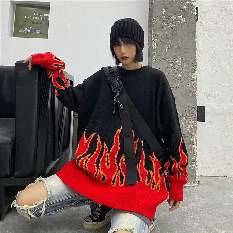 Korean Harajuku Style Flame Jacquard Sweater Women Loose Knit Pullover Sweater Outer Wear Youth