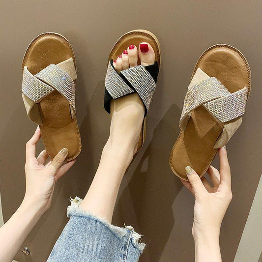 Slippers Women Wear Korean Summer Rhinestone Cross Straps Anti-skid Pregnant Women Flat Bottom Flat Sand Beach Sandals