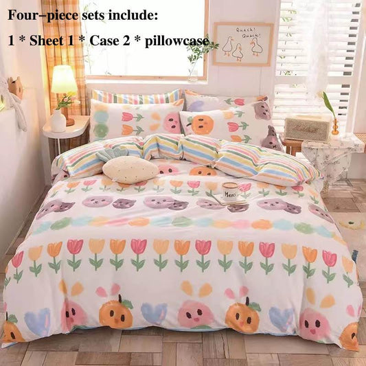Autumn and Winter Cotton Four Sets of Active Print Cotton Rippled Bed Single Pillow Set