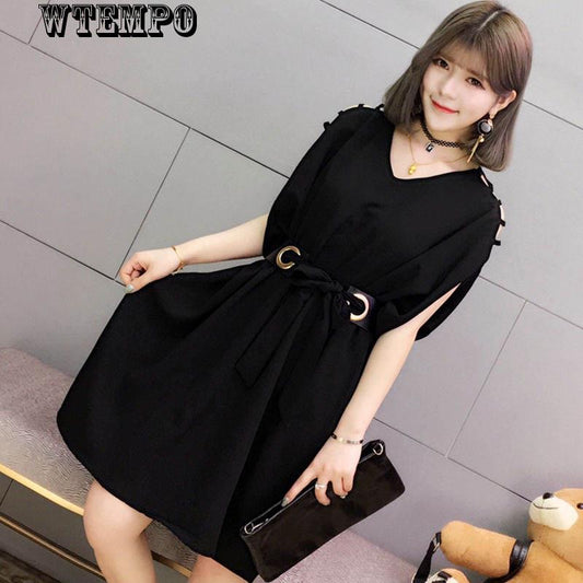 Brand Women's Leaking Shoulder Dress Summer Dress Bat Sleeve Loose Skirt
