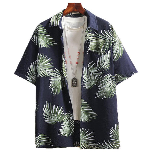 Summer Men Tees Beach Shirt Leaf Print Tee Plus Size Loose Overshirt Half Sleeve Retro Clothes Casual Male Undies Button Up Top