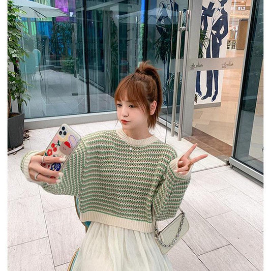 Autumn Cocoon Fashion Sweater Loose Outer Wear Casual Jacket Short Striped Sweater Sweater