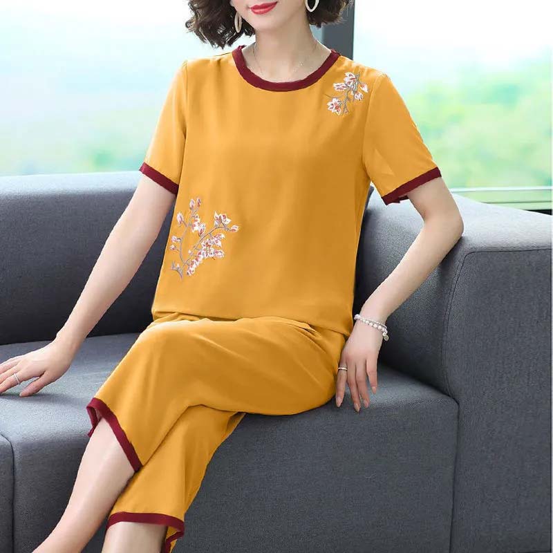 Ladies Embroidered Suit Summer Short Sleeve Pants Top Two Piece Set Casual Loose Homewear Outer Wear Suit Asymmetric Stitching T-Shirt Trousers