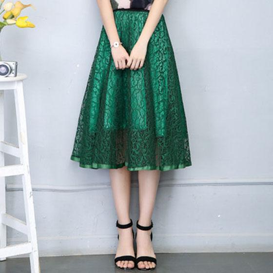 Woman High Waist Mesh Pompous Mid Long Skirt Solid Color Lace Skirt Four Seasons To Wear Elastic Waist Skirt