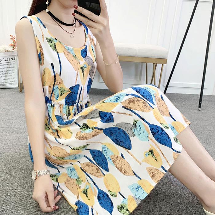 Mid-length Print Women A-line Dress Summer Sleeveless Round Neck Elastic Waist Floral Large Size Skirt