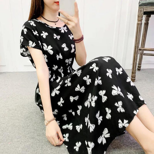 Summer Plus Size Long Dress Bow Tie Print Short Sleeve Dress Casual Comfort Cotton Dresses for Youth Lady