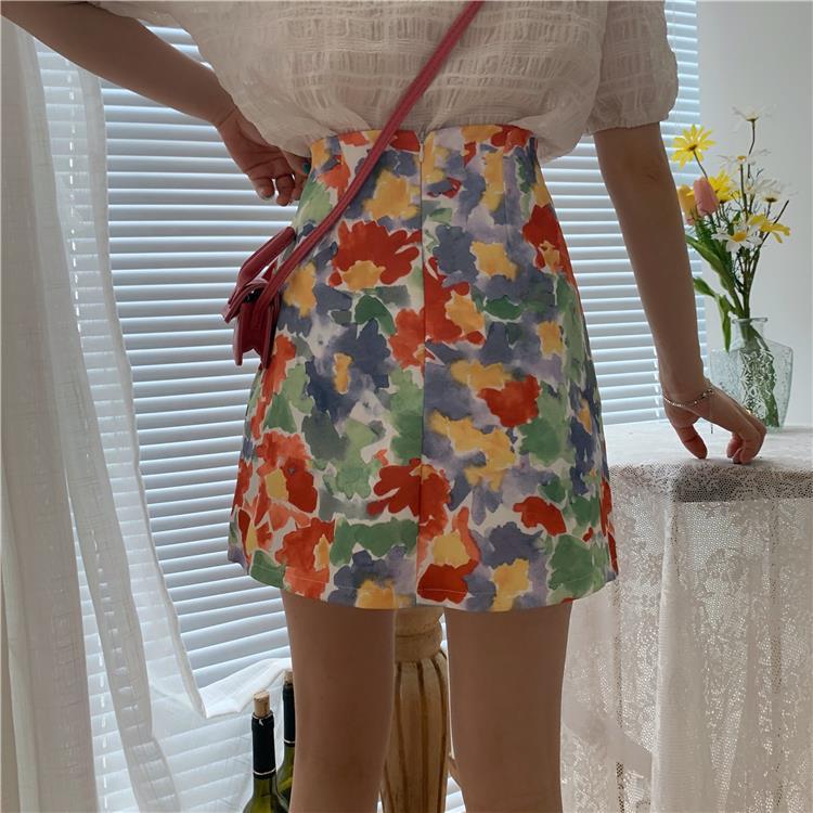 Female Simple High Waist Short Flower Print Holiday Skirt Slim Elegant Vacation A-line Streetwear Skirt