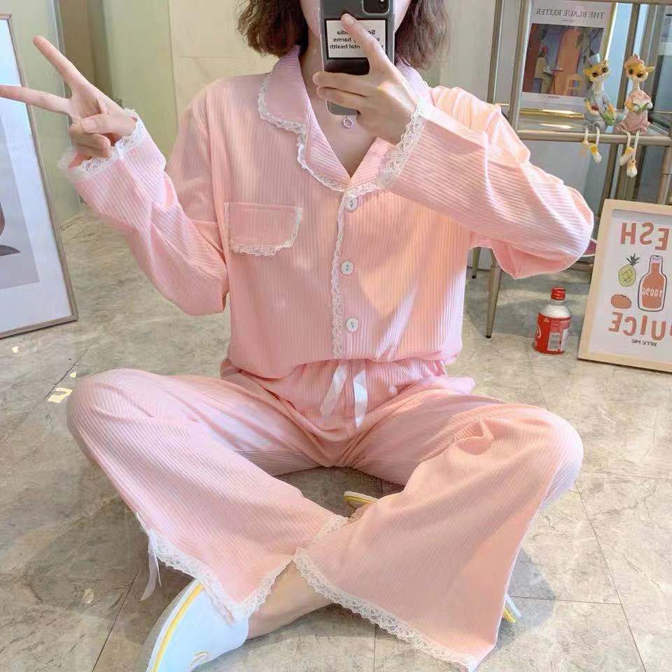 Pajamas Women's Long-sleeved Cute Style Cotton Home Clothes Sexy Lace Pajamas Suit Fabric Skin-friendly Soft and Washable