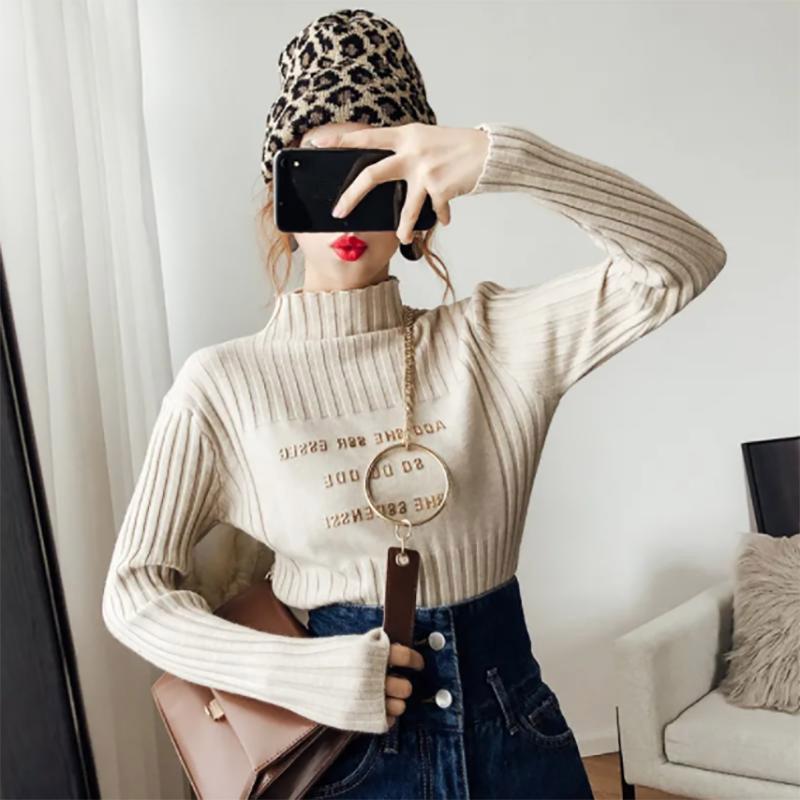 Half-high Collar Bronzing Alphabet Knit Base Shirt Ladies Wild Loose Pullover Tide