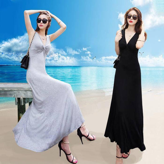 Fashion Woman Spaghetti Strap Dress Sleeveless V-neck Elastic Sexy Beach Party Dress Long