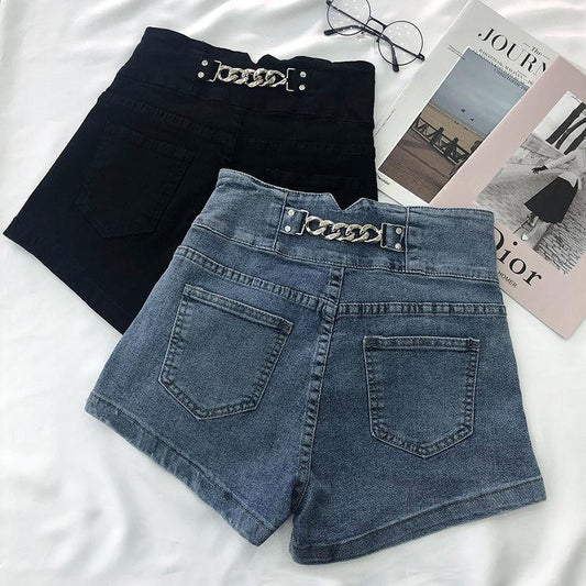 High Waist Denim Shorts Women's Retro Metal Chain Design A-line Wide Leg Pants