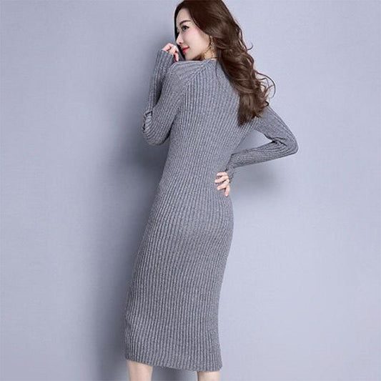Spring and Autumn Super Long Knitted Dress Women's Slim Bottoming Shirt Half Turtleneck Thickened Sweater Skirt Over The Knee