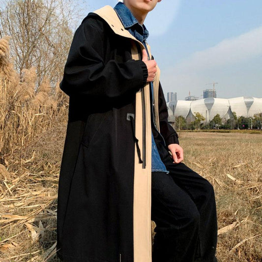 Fake 2pcs Windbreaker Spring Large Size Hooded Top Men Casual Loose Coat Solid Color Comfortable Jacket Long