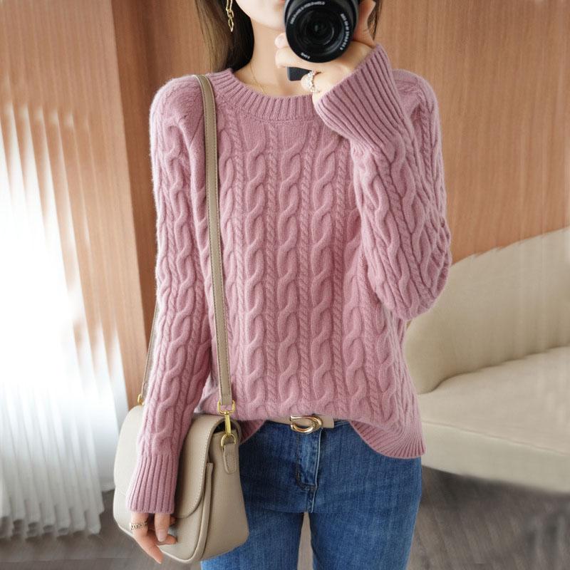 Sweater Women's Pullover Knitwear Korean Version Solid Color Loose Round Neck Twist Top Trending Sweater Autumn and Winter Top
