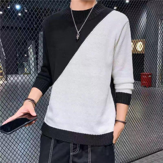 Splicing Color Slim Men's Knit Jacket Long Sleeve Round Neck Fashion Sweater Casual Low Collar Blouse