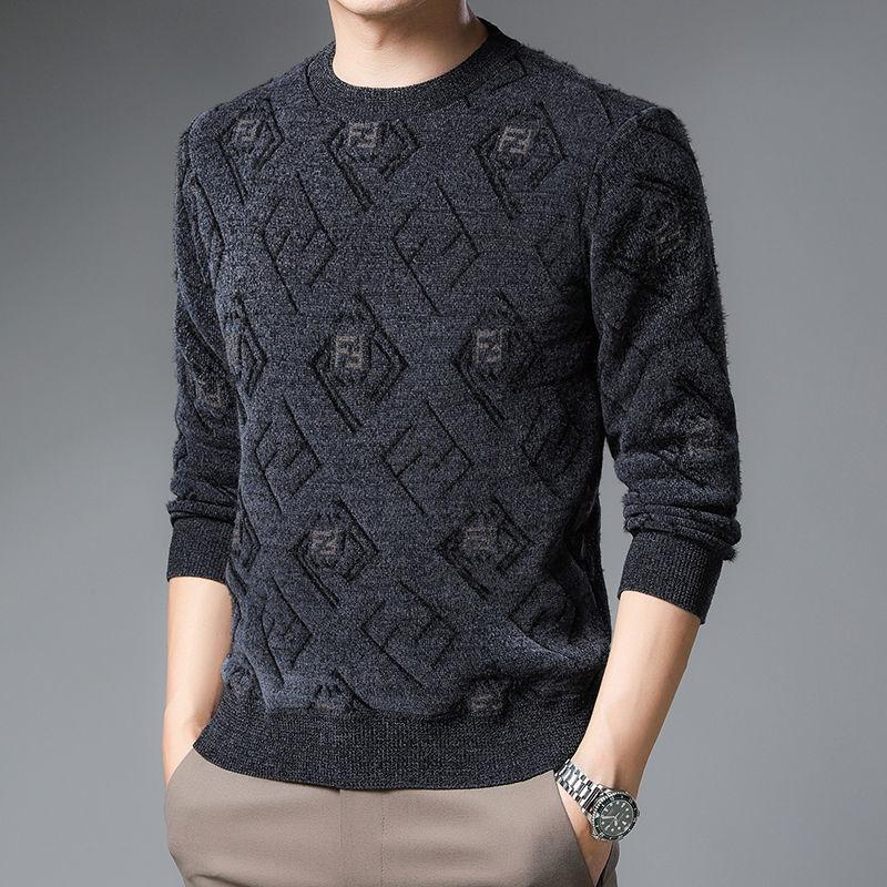 Men's Jacquard All-in-one Velvet Sweater Winter Knit Sweater Fashion Trend Casual Warm Bottoming Shirt