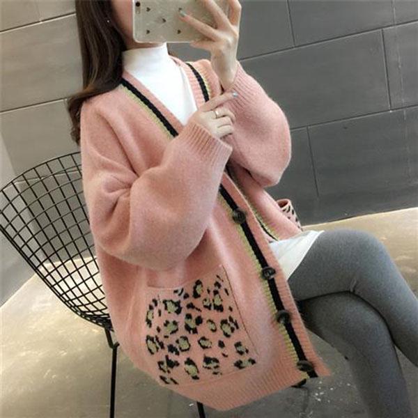 Spring and Autumn V-neck Jacket Knitted Cardigan Leopard Print Top Mid-length Casual Female Student Sweater
