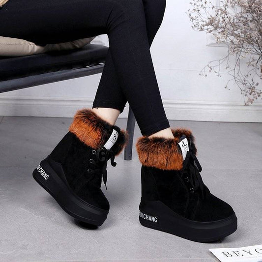 Winter Boots Women Thick-soled Platform Rabbit Hair Increased Round Head Ankle Boots High-heeled SuedeMartin Boots