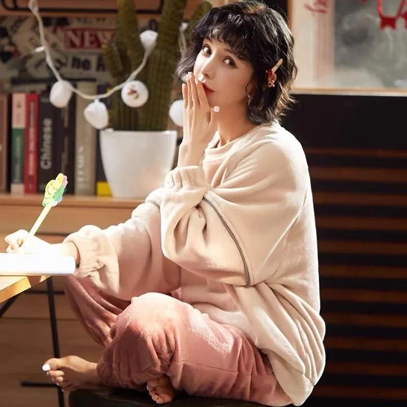 Women Winter Pajamas Suits Coral Fleece Sleepwear Thickening Velvet Autumn Home Wear Long Sleeve Cartoon Cute Nightwear Flannel Warm Pajama Set